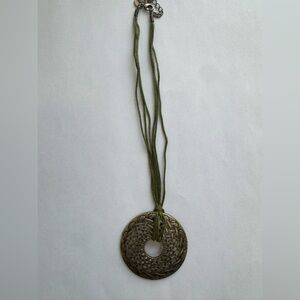 Lia Sophia Boho Woven Disc Statement Necklace Brass Tone Green Cord